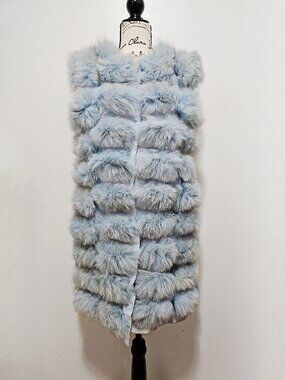 NewReal Paneled Silver Fox Fur Block Gilet Vest Dusky Baby Sky Blue Grey NoMink